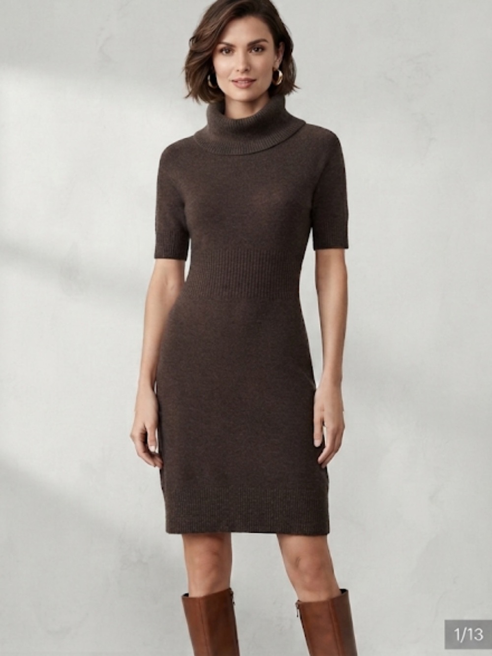 Loft Brown Turtleneck Merino Wool Blend Sweater Dress - Short Sleeve
